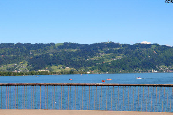 Austrian hills as viewed from Lindau waterfront. Lindau im Bodensee, Germany.
