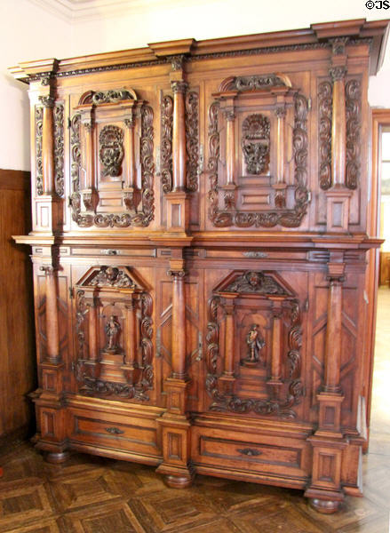 Carved German cabinet (17thC) at Lindau Municipal Museum. Lindau im Bodensee, Germany.