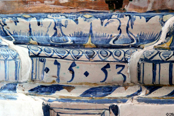 Detail of ceramic heating stove with date of 1553 at Lindau Municipal Museum. Lindau im Bodensee, Germany.