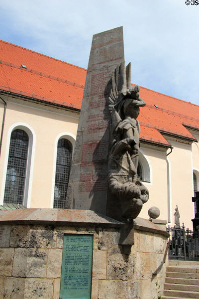 War memorial to fallen German soldiers of 19th & 20thC at St Peter & Paul church. Oberammergau, Germany.