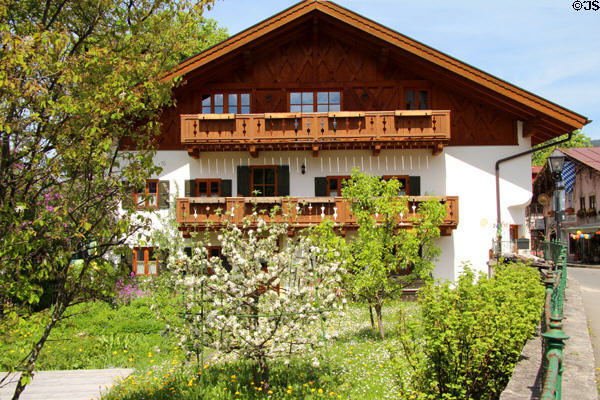 Typical Bavarian style building with wooden balconies. Oberammergau, Germany.