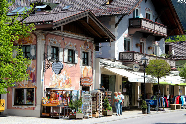 Shops & local style buildings in town center. Oberammergau, Germany.