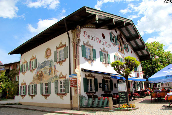 Fresco on Hotel Alte Post related to trade route between Augsburg & Venice. Oberammergau, Germany.