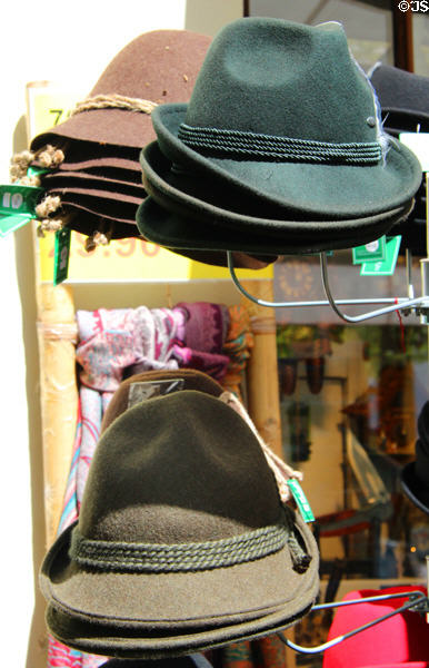 Stacks of Bavarian style hats in shop. Oberammergau, Germany.