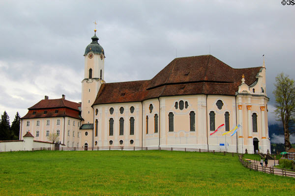 Simple Baroque exterior of Wieskirche (1746-54). Steingaden, Germany.