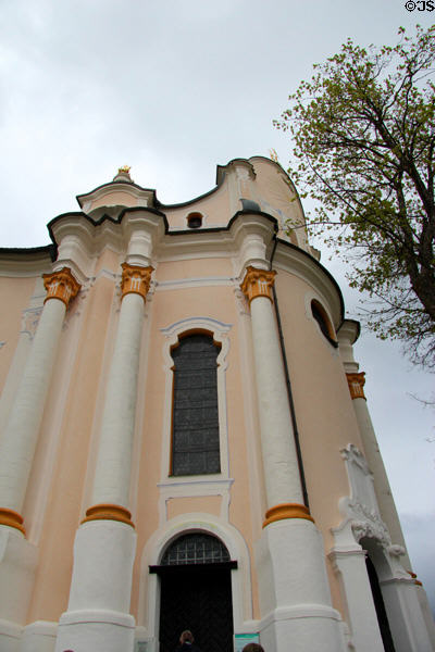 Baroque curves around entrance at Wieskirche. Steingaden, Germany.