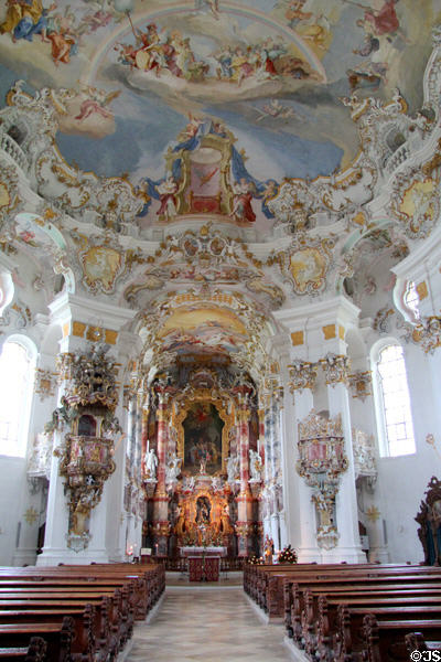 Baroque nave & high altar at Wieskirche. Steingaden, Germany.