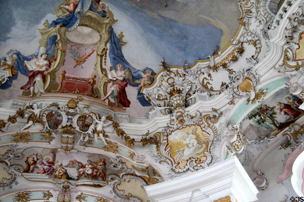 Baroque painted ceiling details at Wieskirche. Steingaden, Germany.