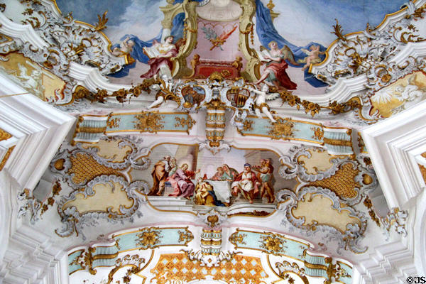 Meal at home of Simon the Pharisee painting surrounded by Baroque filigree plasterwork at Wieskirche. Steingaden, Germany.