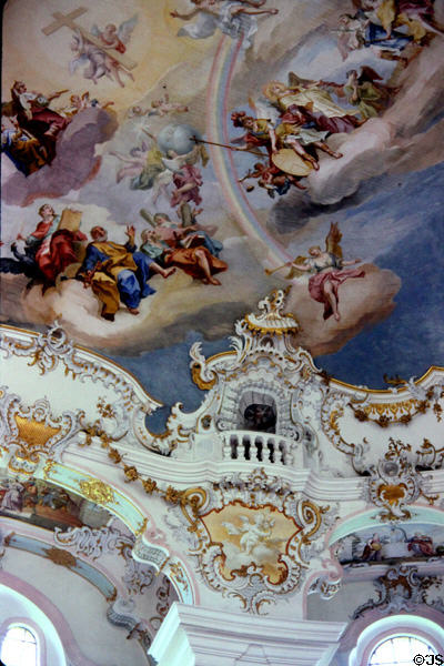 Baroque ceiling painting including St. Peter & Archangel Gabriel blowing his horn to summon Saints to heaven at Wieskirche. Steingaden, Germany.