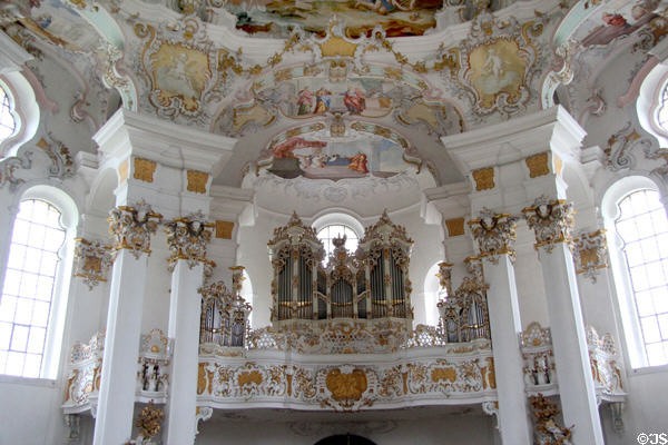 Baroque organ loft at Wieskirche. Steingaden, Germany.