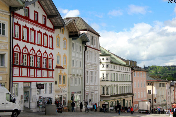 Sloped Marktstraße streetscape with colorful shops. Bad Tölz, Germany.