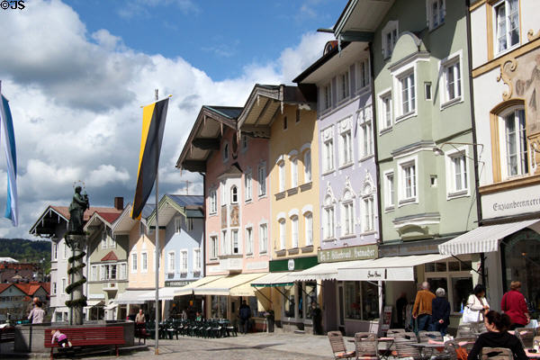Marktstraße streetscape with market cross. Bad Tölz, Germany.