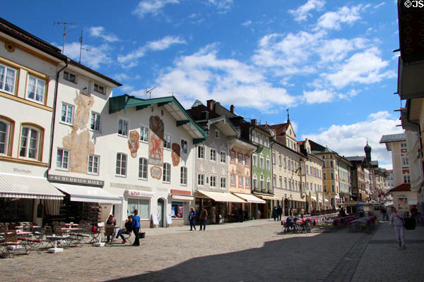 Marktstraße streetscape with painted buildings. Bad Tölz, Germany.