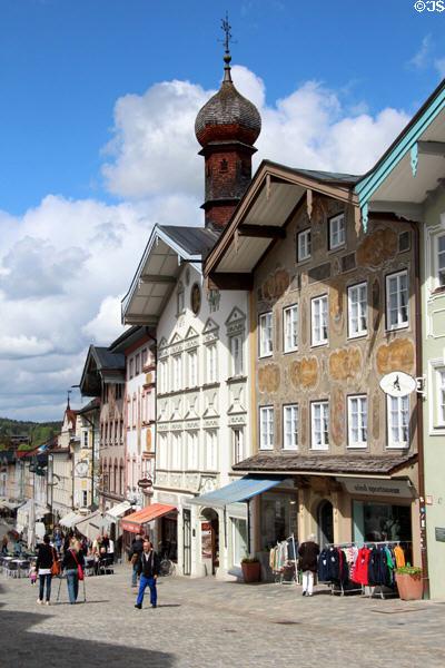 Marktstraße streetscape with painted buildings. Bad Tölz, Germany.