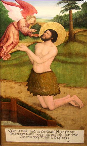 St Onuphrius painting on wood (c1520) by Bernhard Strigel with Latin inscription referring to Onuphrius' retreat to wilderness at Museum of Bread and Art. Ulm, Germany.