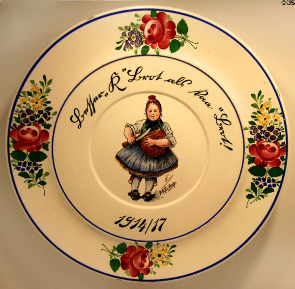 Stoneware plate (c1918) with slogan "War bread = no bread" meant to remind people of the years of war full of deprivation at Museum of Bread and Art. Ulm, Germany.