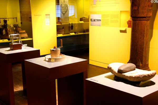 Hand tools for grinding grain & shaping dough at Museum of Bread and Art. Ulm, Germany.