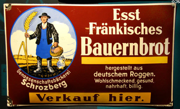 Shop sign advertising all the good qualities of Franconian farmhouse bread at Museum of Bread and Art. Ulm, Germany.