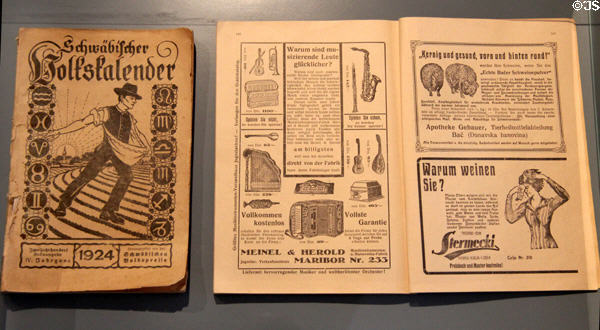Schwabian folk calendar (1924) & Protestant calendar (1935) from Yugoslavia at Danube Schwabian Museum. Ulm, Germany.