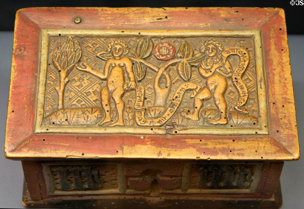 Small casket carved with scene of Adam & Eve (1st half of 16thC) from Schwabia at Ulmer Museum. Ulm, Germany.