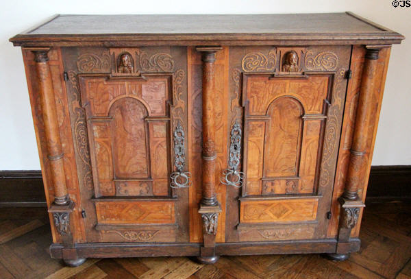 Inlaid carved cabinet (17thC) at Ulmer Museum. Ulm, Germany.