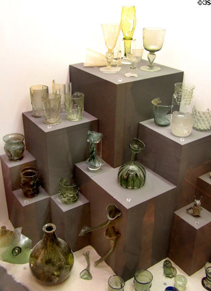 Collection of Middle Ages Germanic glass (14th-17thC) at Ulmer Museum. Ulm, Germany.