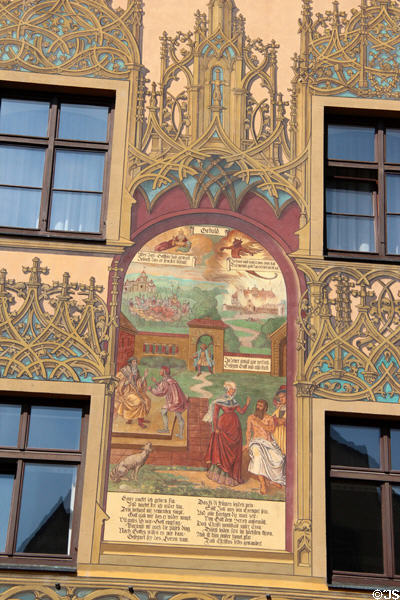 Patience of Job scene painted on Ulm Rathaus. Ulm, Germany.