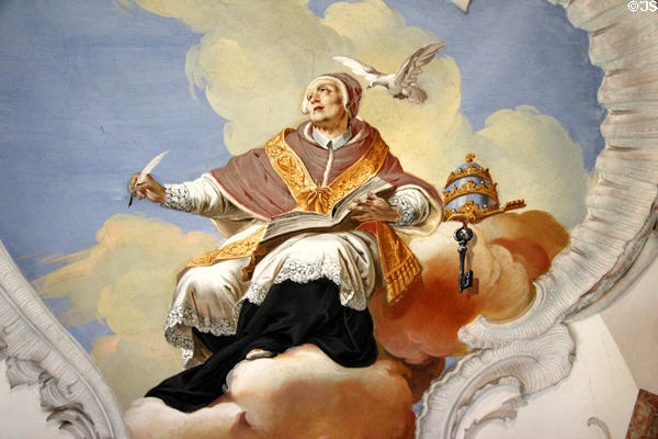 Ceiling fresco depicting St Gregory the Great, Father of the Church, with his symbol, a dove whispering in his ear, in library of Kloster Wiblingen. Ulm, Germany.