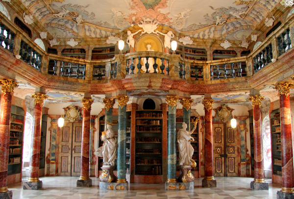 Gallery, pillars & statuary in library at Kloster Wiblingen. Ulm, Germany.