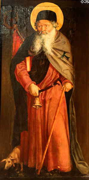 St. Anthony the Hermit (aka the Great or Abbot) painting with his attributes, a pig & a bell, at museum of Kloster Wiblingen. Ulm, Germany.
