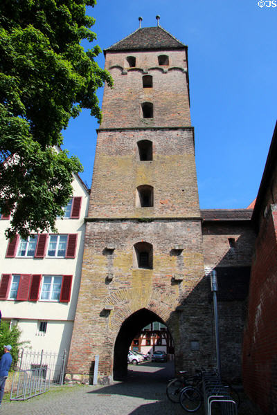 Metzgerturm city gate (Butcher gate) (mid-14thC) through city fortifications. Ulm, Germany.