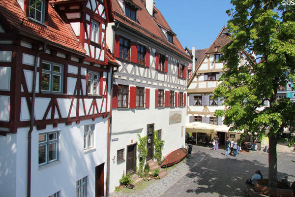 Cobblestone streets & half timbered buildings in Blau River area. Ulm, Germany.