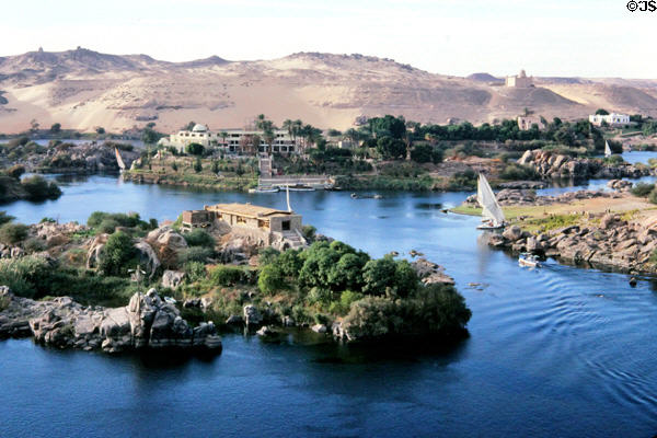Dunes & rocky islands on Nile River at Aswan. Egypt.