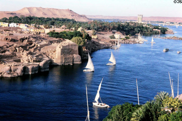 Nile River with traditional Egyptian Felucca sailboats at Aswan. Egypt.