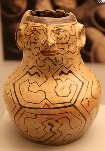 Shippibo culture ceramic human-figure vessel with geometric decoration (20thC) from Peruvian Amazon at Museum of America. Madrid, Spain.