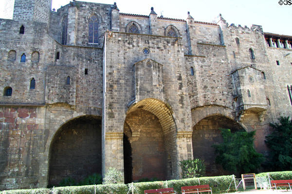 Barcelona city walls built atop Roman Wall in Berenguer Square. Barcelona, Spain.