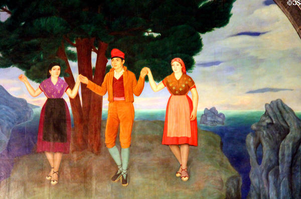 Mural detail of Catalan dance at Barcelona City Hall. Barcelona, Spain.