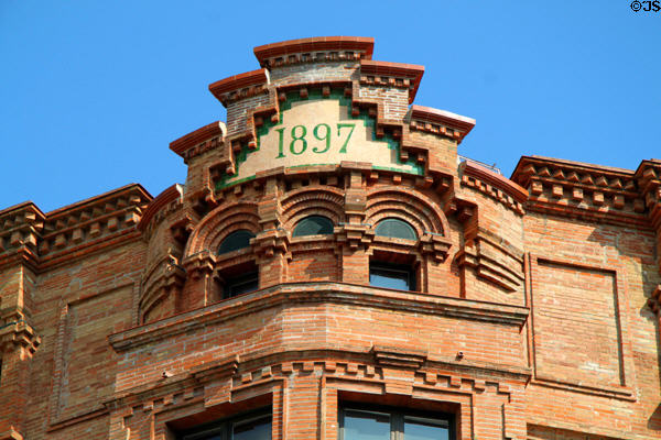 Crown detail of General Catalana de Electricidad building. Barcelona, Spain.