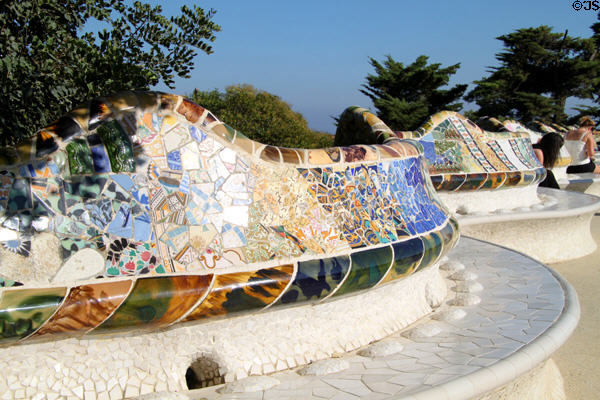 Gaudí's mosaic benches on the plaza in Parc Güell. Barcelona, Spain.