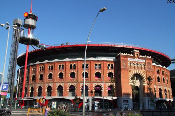 Arenas de Barcelona (former bullring) (1900) is now a shopping center on Plaça d'Espanya. Barcelona, Spain. Style: Moorish Revival.