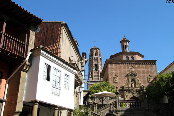 Steps of Santiago leading up to Church of the Carmelites from Aragon at Poble Espanyol (1929 replica). Barcelona, Spain.