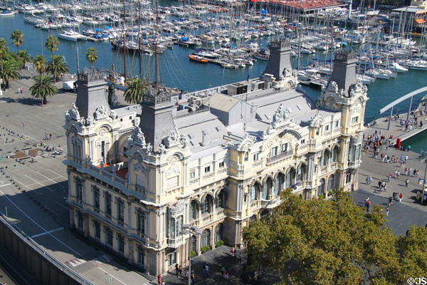 Port Authority of Barcelona building seen from atop Columbus Monument. Barcelona, Spain.