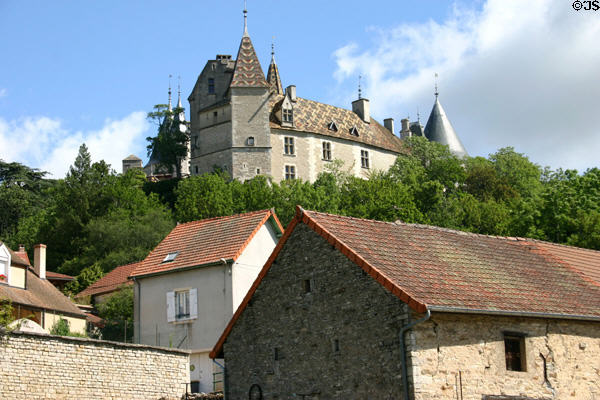 La Rochepot chateau (12th & 15thC) on hill above town in Burgundy Wine Region. La Rochepot, France.
