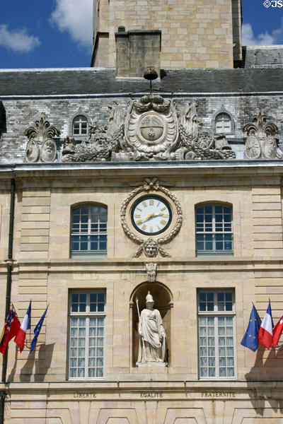 Details of clock, Athena & Baroque decoration of court of Honor (17thC) of Palace of Dukes of Burgundy. Dijon, France.