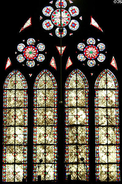 Medieval-style stained-glass windows of Cathedral. Metz, France.