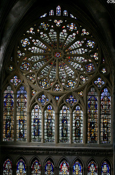 Rose window stained-glass wall in Cathedral. Metz, France.