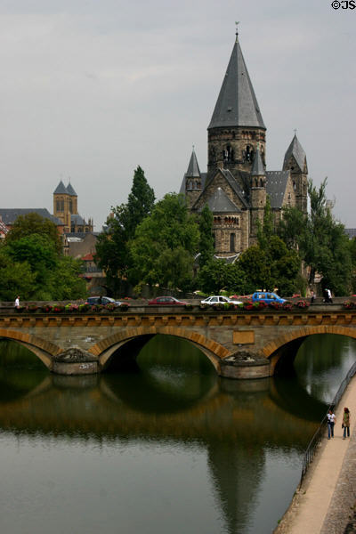 Moselle River & Temple Neuf protestant church (1901-4). Metz, France.
