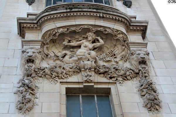 Carving on clock tower facade of Gare de Lyon. Paris, France.
