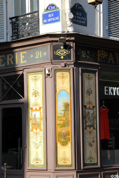 Painted corner sign for former bakery & pastry shop at corner of Rue des Francs-Bourgeois & Rue de Sévigné. Paris, France.